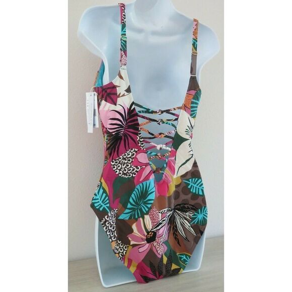 Bleu Rod Beattie Women's Sz 12 Multicolor Run Wild Lace Down 1-Pc Swimsuit $129+ - Picture 2 of 7